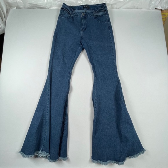 Banjul Flare Leg Jeans Frayed Hem High Waist Cutout‎ Denim Blue Size 27 - Picture 1 of 9